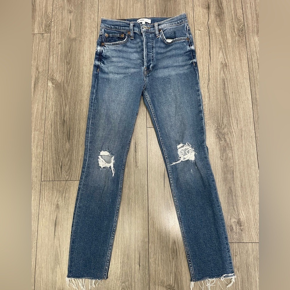 RE/DONE Originals | redone High Rise Ankle Crop Jeans in Dusty‎ Destroy Sz 27